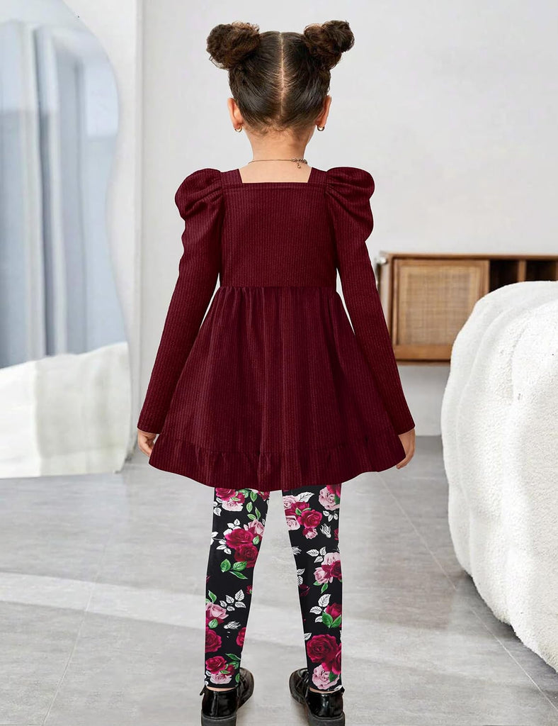 Toddler Girl Clothes Square Neck Ruffle Hem Long Sleeve Top Floral Print Leggings Fall Outfits Kids Clothing Sets