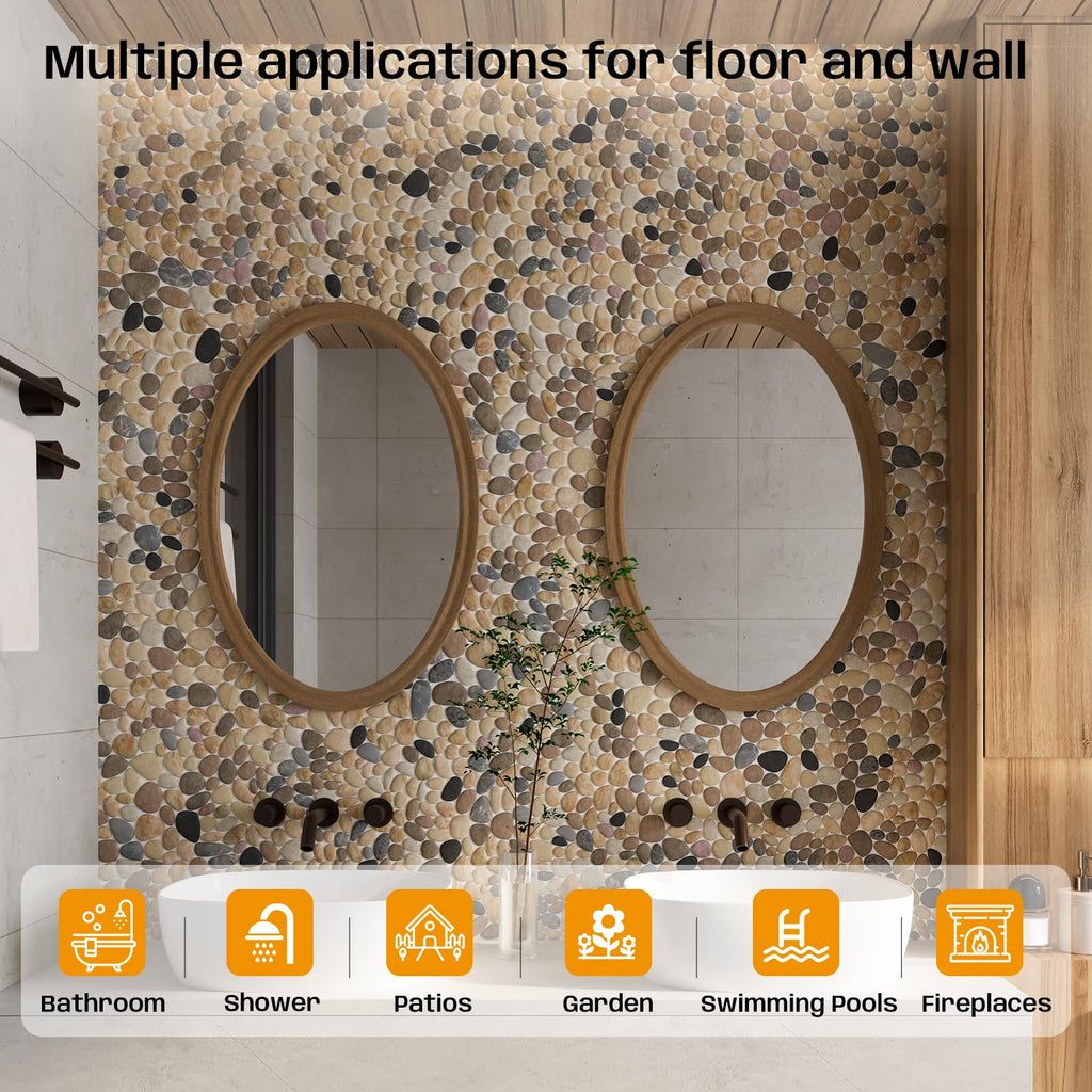 Pebble Tile for Shower Floor, Brown Stone Pebble Mosaic Tile, 5 Pcs