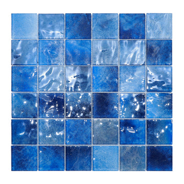 Glass Mosaic Tiles Backsplash, 12" x 12" Dark Blue 3D Wave Texture Square Tiles for Swimming Pool Accent Wall