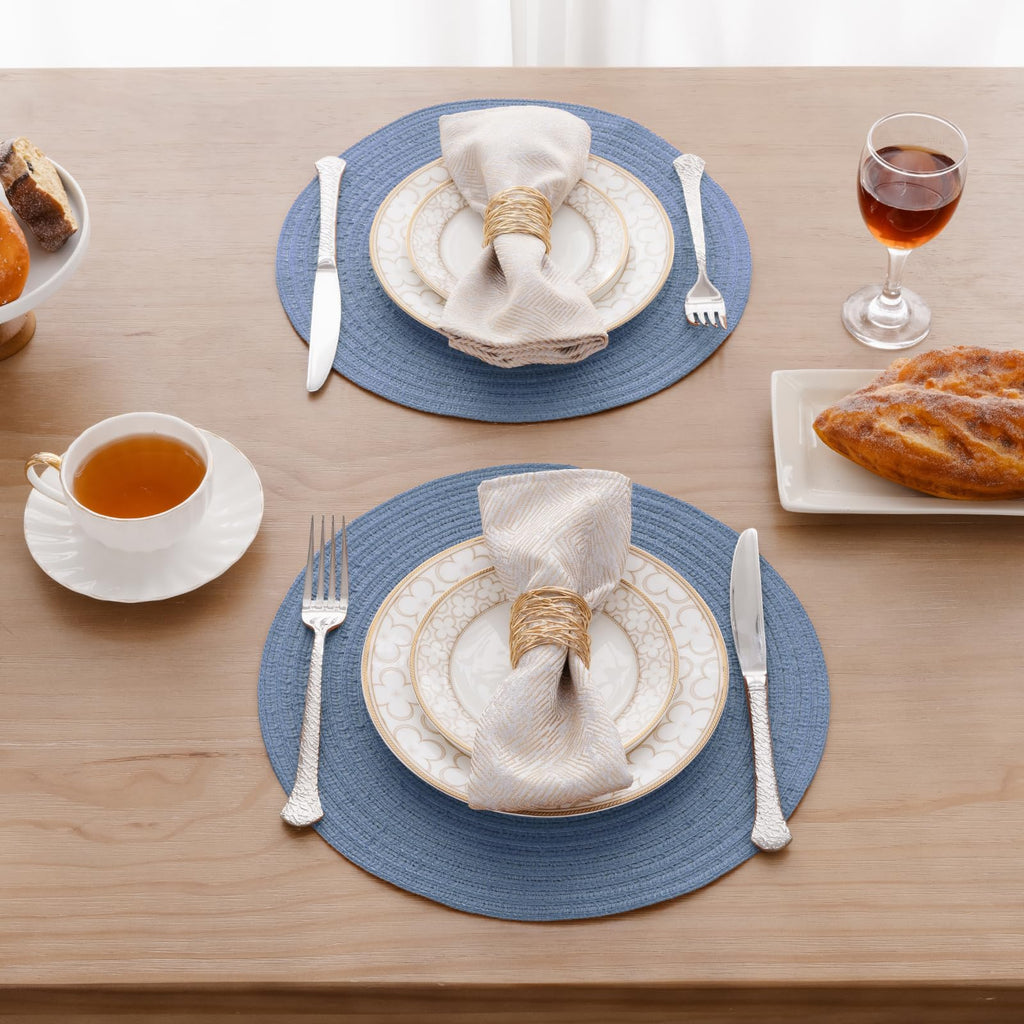 13" Round Braided Placemats Set of 6, Dusty Blue Washable Place Mats