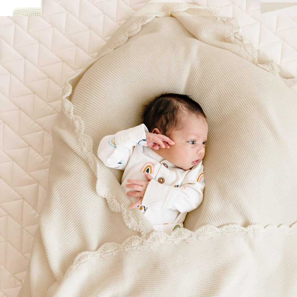 Scalloped Knit Baby Blanket - GOTS Certified Organic Cotton, Swaddle, Receiving & Stroller Blanket for Newborn Infant