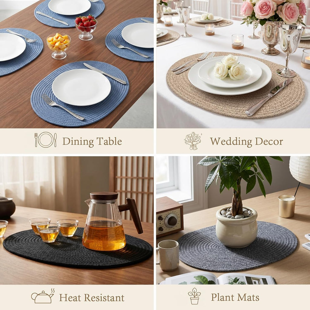 Oval Woven Cotton Placemats, Thick Braided Rope Table Mats, 17 x 13 Inches Large Non Slip Heat Resistant - Set of 6