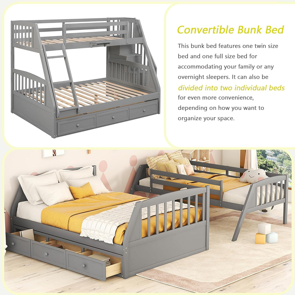 Wooden Twin Over Full Stairway Bunk Bed with Three Storage Drawer, Storage Staircase