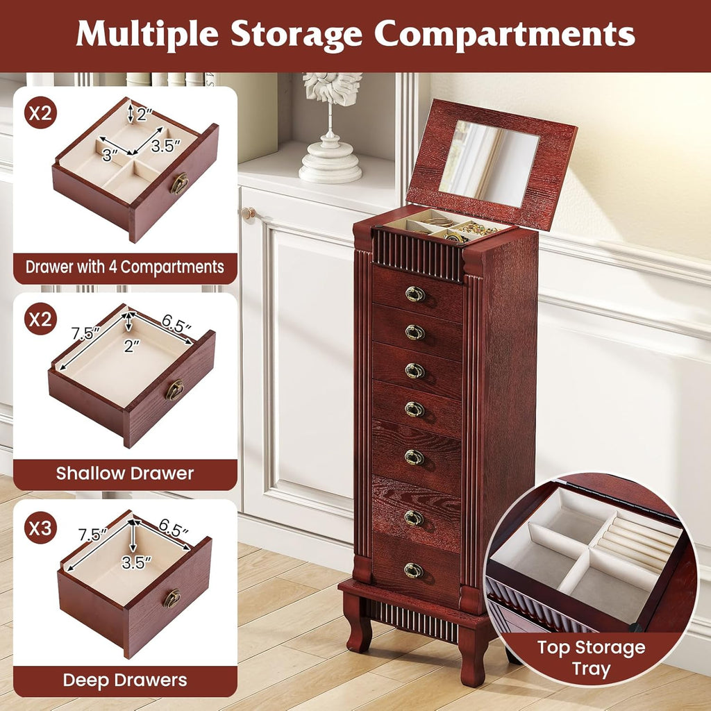 Standing Jewelry Armoire Cabinet, Wooden Storage Chest (Cherry)