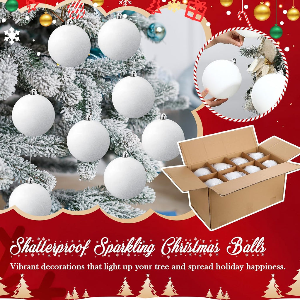 16 Pcs 6 Inch Large Glitter Christmas Ball Ornament, White