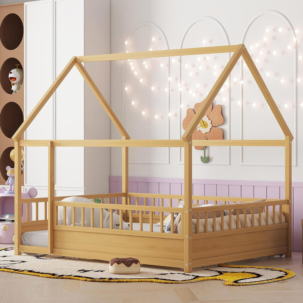 House Floor Bed Frame Full Size, Wood Montessori Floor Bed with High Fence and Roof, Easy Assemble Montessori Beds