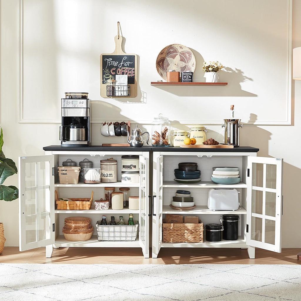 Large Sideboard Buffet Cabinet with Storage, 32" Farmhouse White Kitchen Coffee Wine Bar Cabinet with 4 Glass Doors