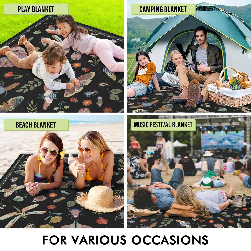 Insect Picnic Blankets Waterproof Foldable, 60′′X80′′ Packable Picnic Mat Boho Outdoor Blanket for Grass, Large Beach