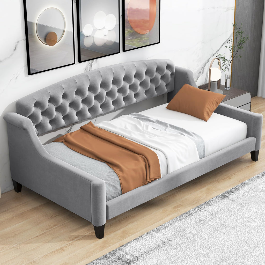 Twin Daybed, Twin Size Luxury Tufted Button Daybed, Upholstered Twin Daybed Frame, Sofa Bed Living Room, Grey