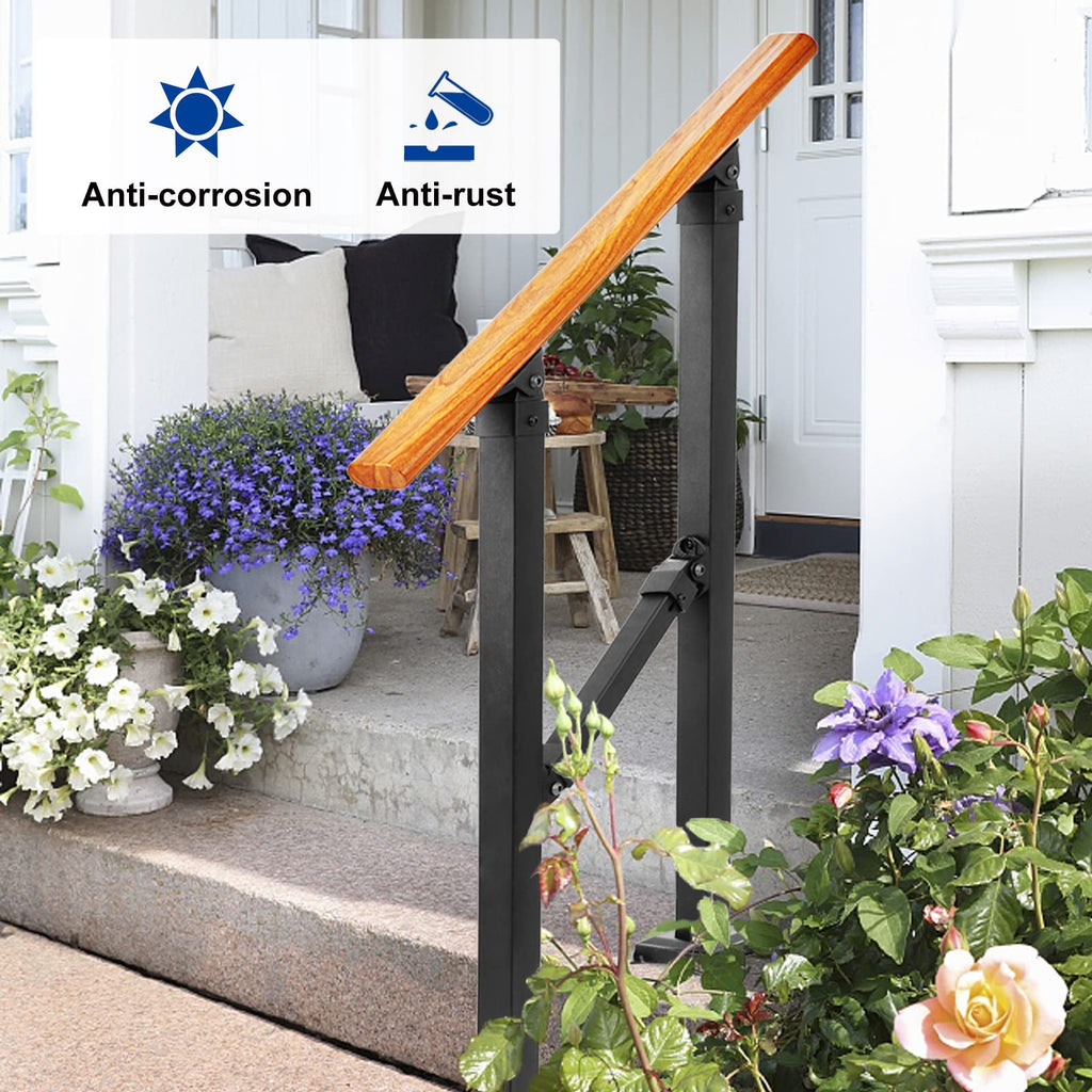 2 Step Handrails for Outdoor Steps, Metal Wood Grain Hand Rails