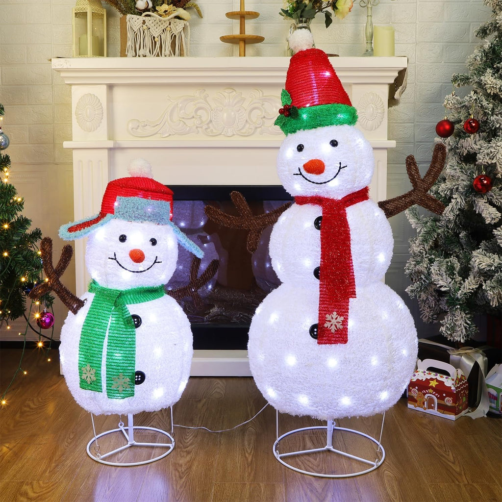 Set of 2 Lighted Christmas Snowman Decorations, 3.6+2.6FT Outdoor Pre-Lit White Snowmen with Lights, Light Up
