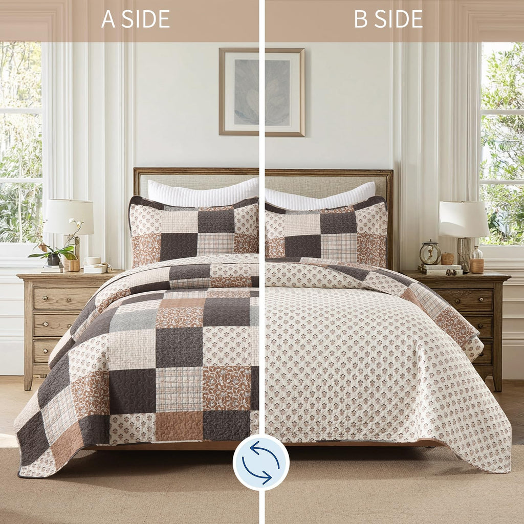 100% Cotton Quilt Set, Cottage Printed Check, Brown Charcoal