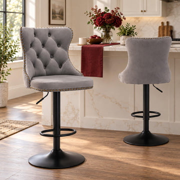 Velvet Swivel Bar Stools Set Of 2, 25-33 Inch Height Adjustable, Counter Height Bar Stools With Back, Bar Chairs For