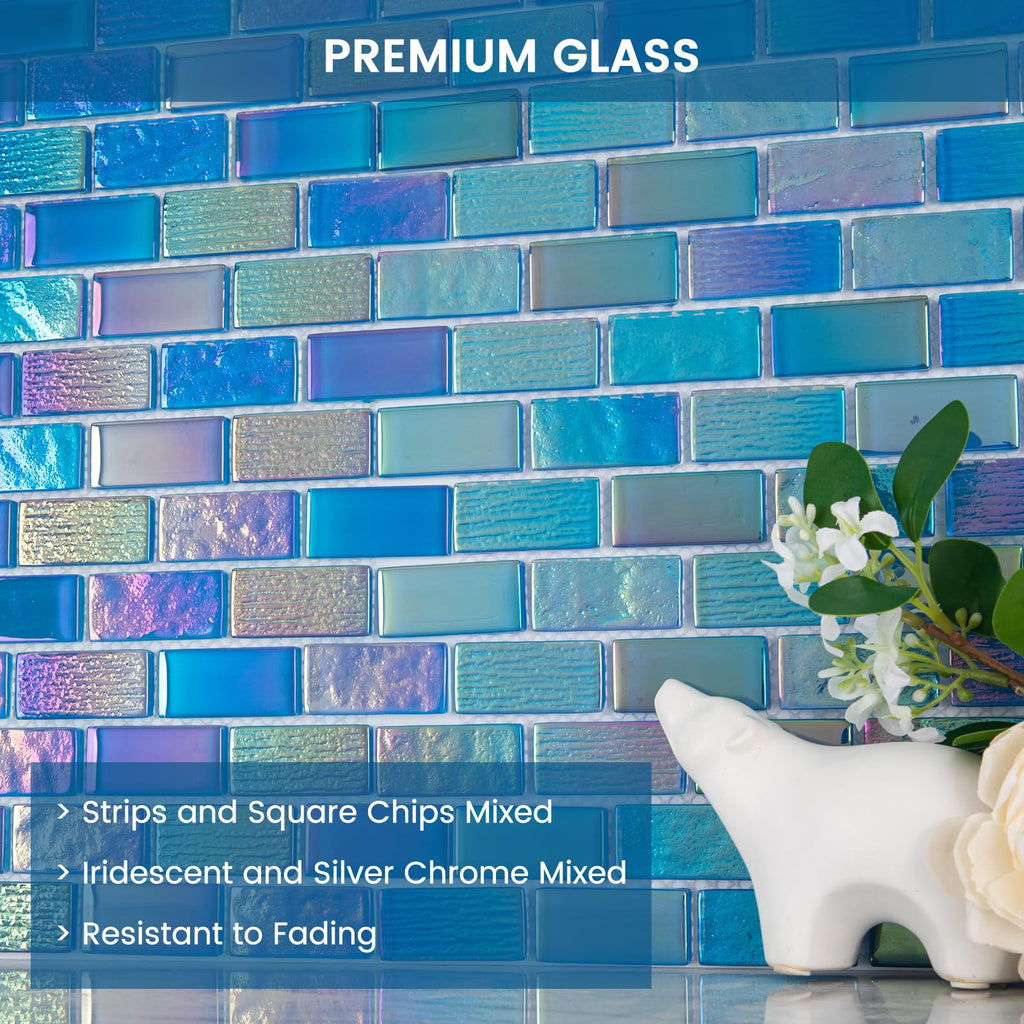 Glass Mosaic Tile Backsplash Fantasy Blue 12 x 12 Inch Glossy Pool Glass Tile for Swimming Kitchen Bathroom Shower
