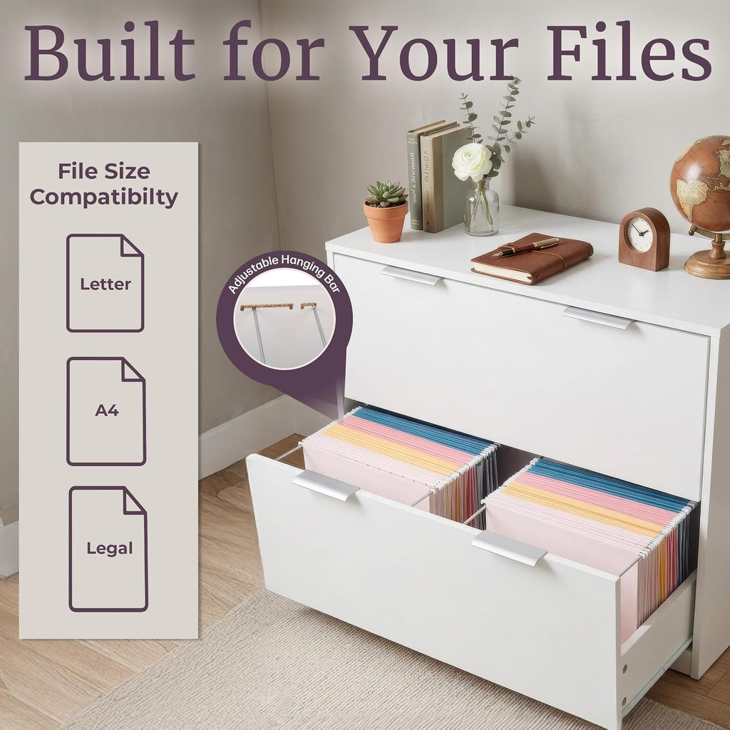 2 Drawer File Cabinet - Wooden Lateral Filing Cabinet with 2 Large Storage Drawers and Adjustable Hanging File Bars
