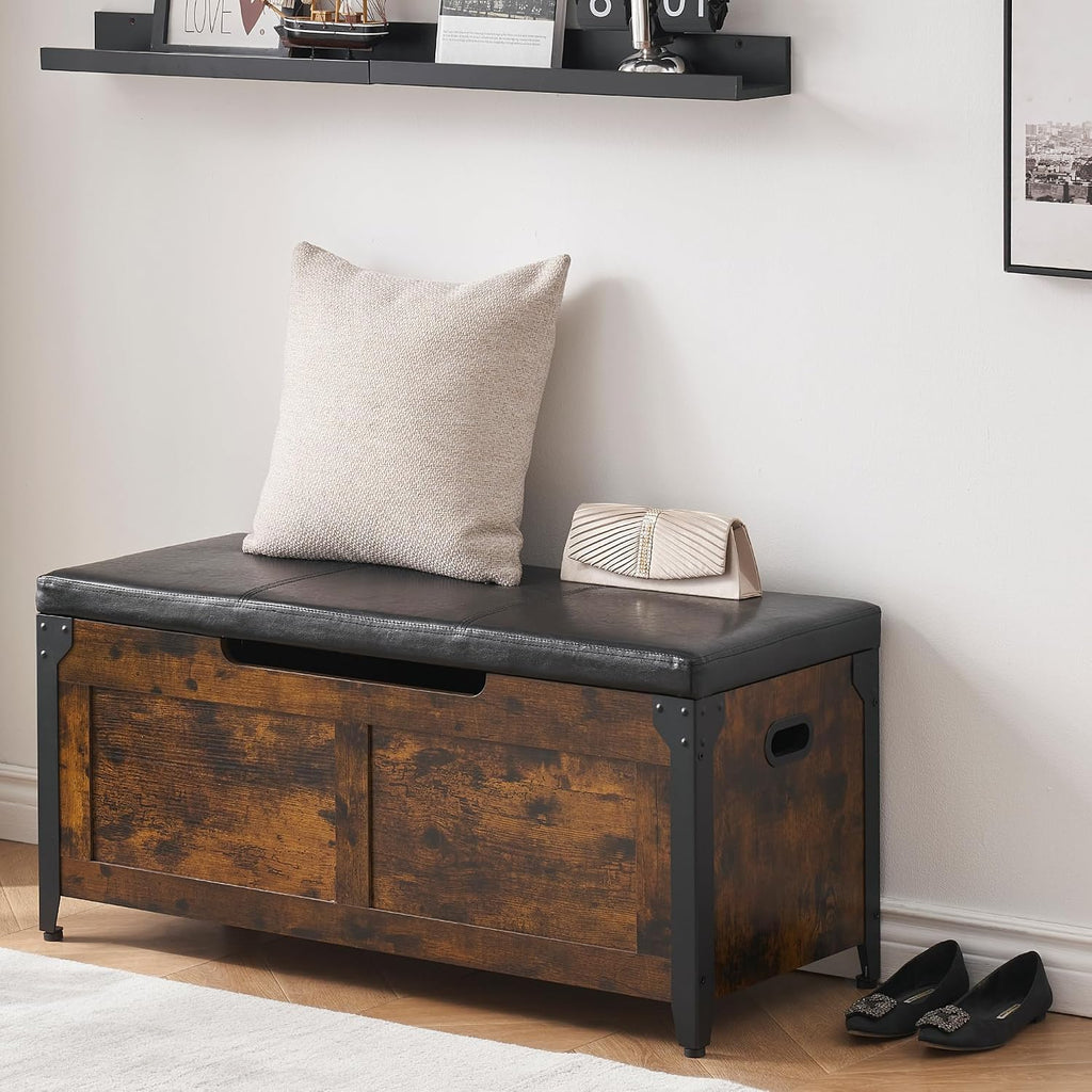 Storage Chest, Wooden Storage Trunk with Metal Frame, Entryway Shoes Bench with Cushion, Large Storage Organizer