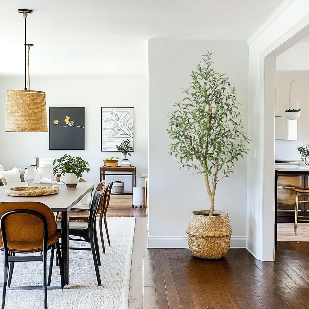 Olive Trees Artificial Indoor, 6 ft Tall Faux Silk Plant - Fake Potted Tree with White Planter, Artificial Plants
