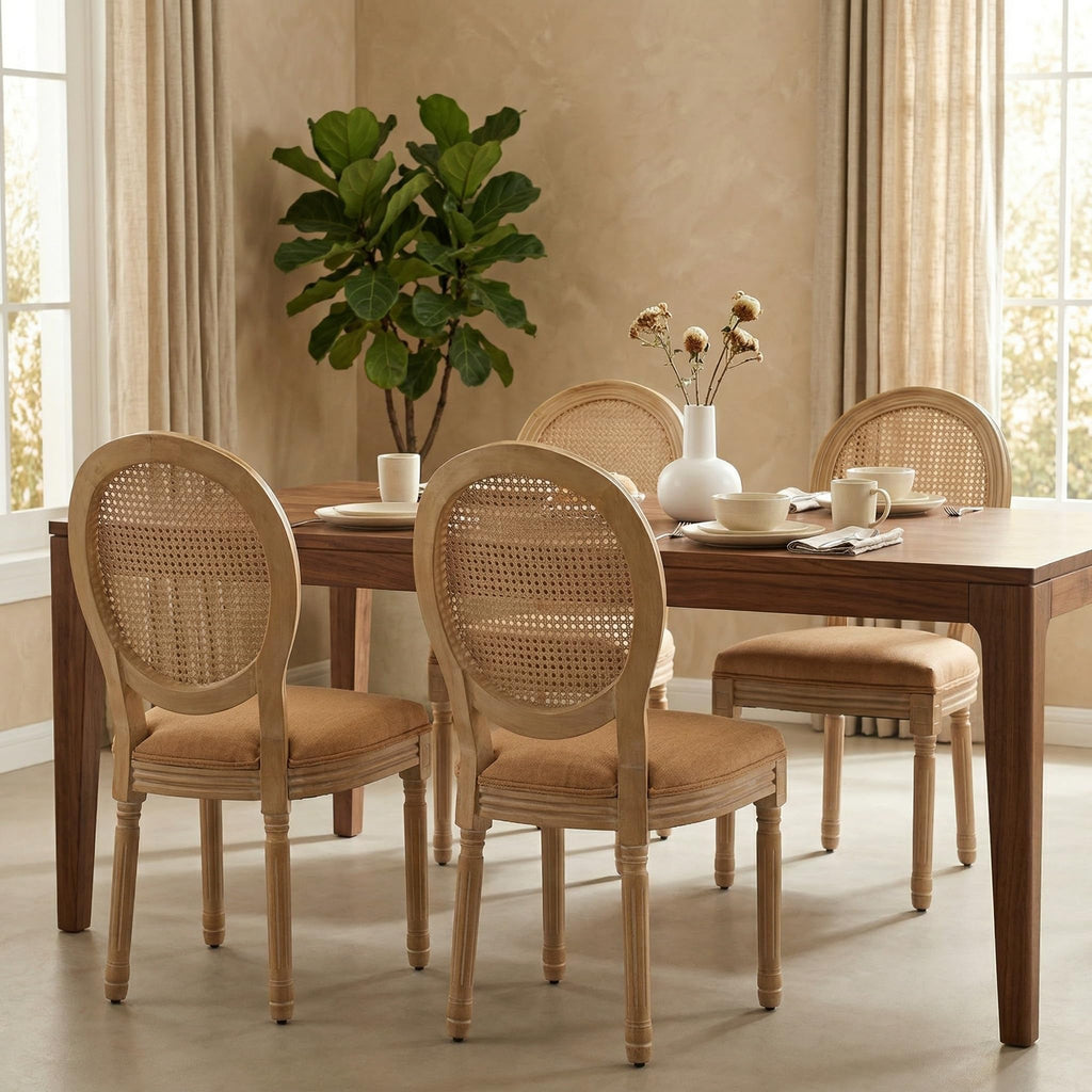 Vintage French Country Dining Chairs Set of 4, Farmhouse Rattan Dining Room Chairs with Round Back, Linen Upholstered