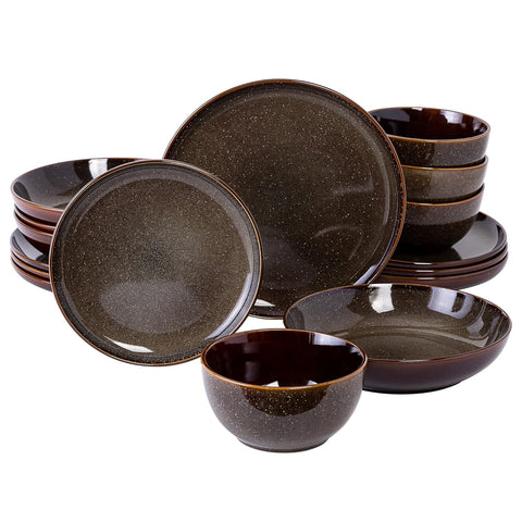 Edwina 16-Piece Double Bowl Dinnerware Set, Service for 4 - Dark Green Stoneware Plates and Bowls