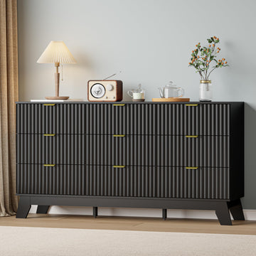 Black Dresser 9 Drawer Dresser, 57''Wide Fluted Wooden Dresser Storage Cabinet and Chest of Drawers with Metal