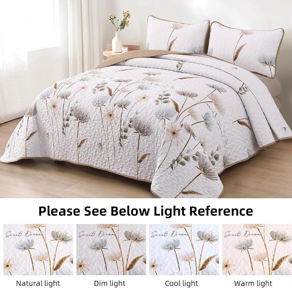 King Quilt Set Floral,3 Pieces Khaki/Beige Farmhouse Quilts Lightweight Fall Bedspreads Flower Pattern Coverlet Bed