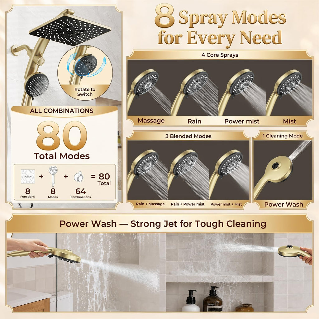10" Gold Rain Shower Head with Handheld, 8 Functions Rainfall, Magnetic