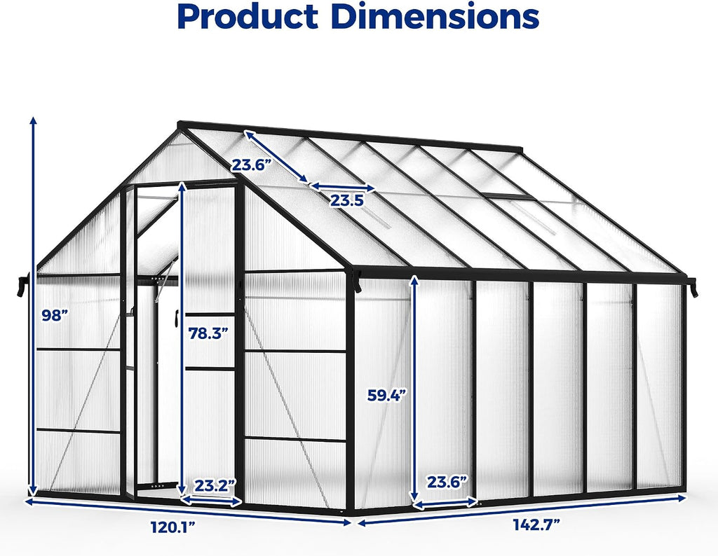 12 x 10 ft Greenhouse for Outdoors, Polycarbonate Greenhouse with Roof Vent, Enhanced Aluminum Large Walk-in Green