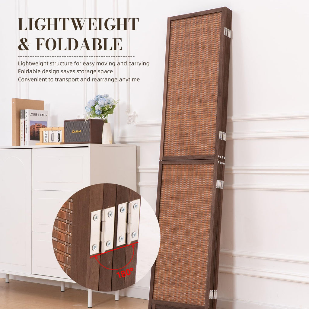 Bamboo Room Divider 67"4 Panel, Wooden Frame Freestanding Wall Divider, Brown