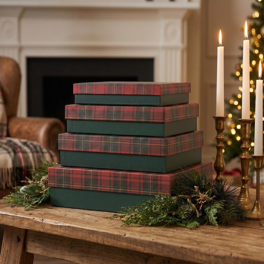 Plaid Christmas Gift Boxes with Lids, Set of 4, Holiday Boxes
