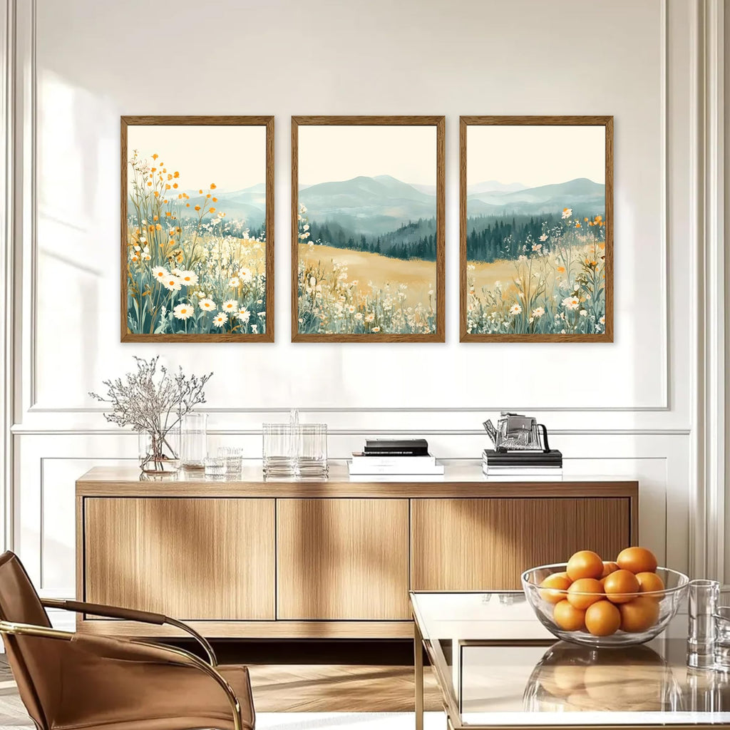 3 Pieces Wildflower Meadow Mountain Framed Canvas Wall Art 20x30 in