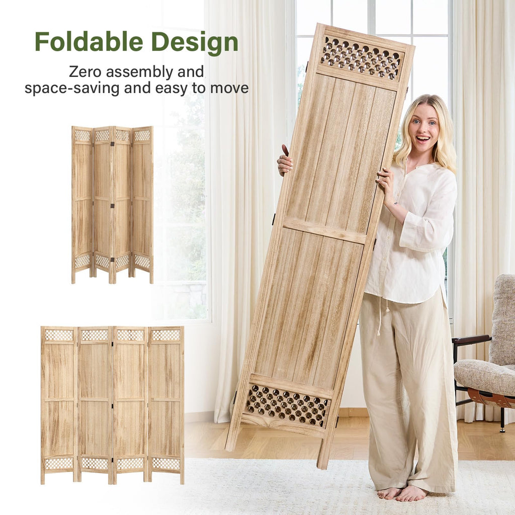 Privacy Screen Room Divider Panel - 67 Inch Tall Natural Wood Folding Partition Room Dividers, No-Assembly Required