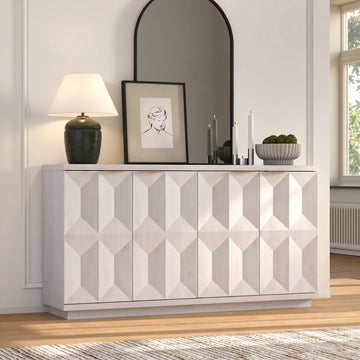 59"W Sideboard Buffet Cabinet with 3D Geometric Doors, White Oak