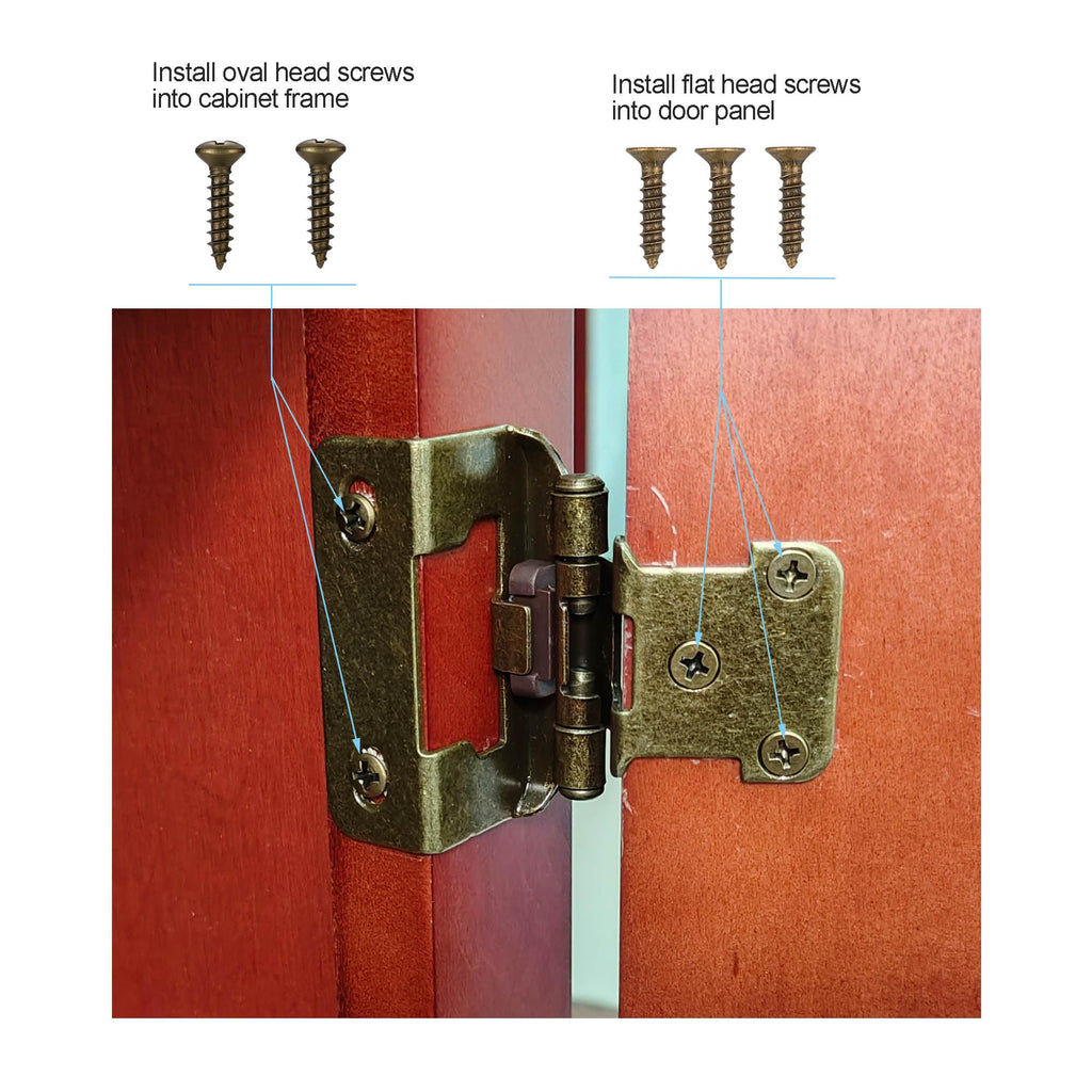 Antique Brass Kitchen Cabinet Hinges, 1/2" Overlay, 4 Pack