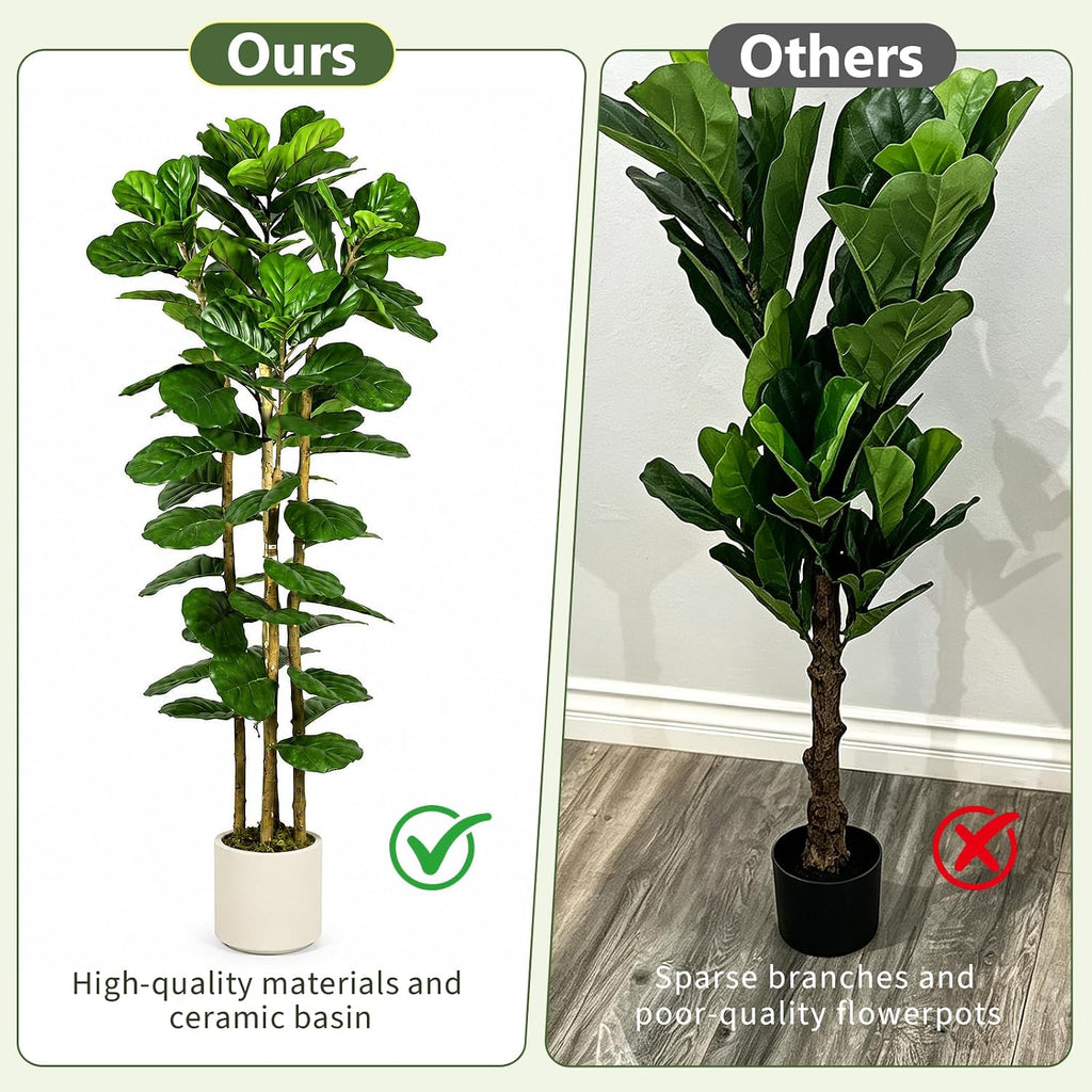 6 ft Artificial Fiddle Leaf Fig Tree, Tall Faux Ficus Lyrata Tree with White Planter Home Decor Office Living Room