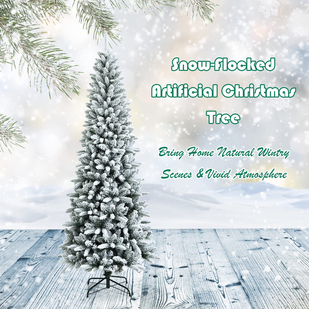 7.5ft Snow Flocked Pencil Christmas Tree with 1189 Branch Tips