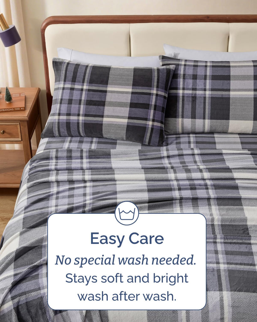 Fleece Sheets Set - 4-Piece Flannel Sheet Set - Grey Tartan