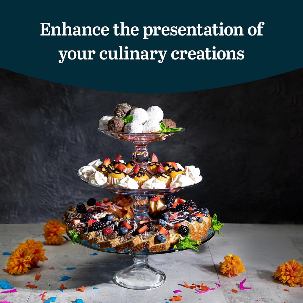 Selene 3 Tier Serving Stand Set, Elegant, Curvy Style Glass Dessert Stand, Dishwasher Safe 3 Tiered Dessert Stand - Set of 3