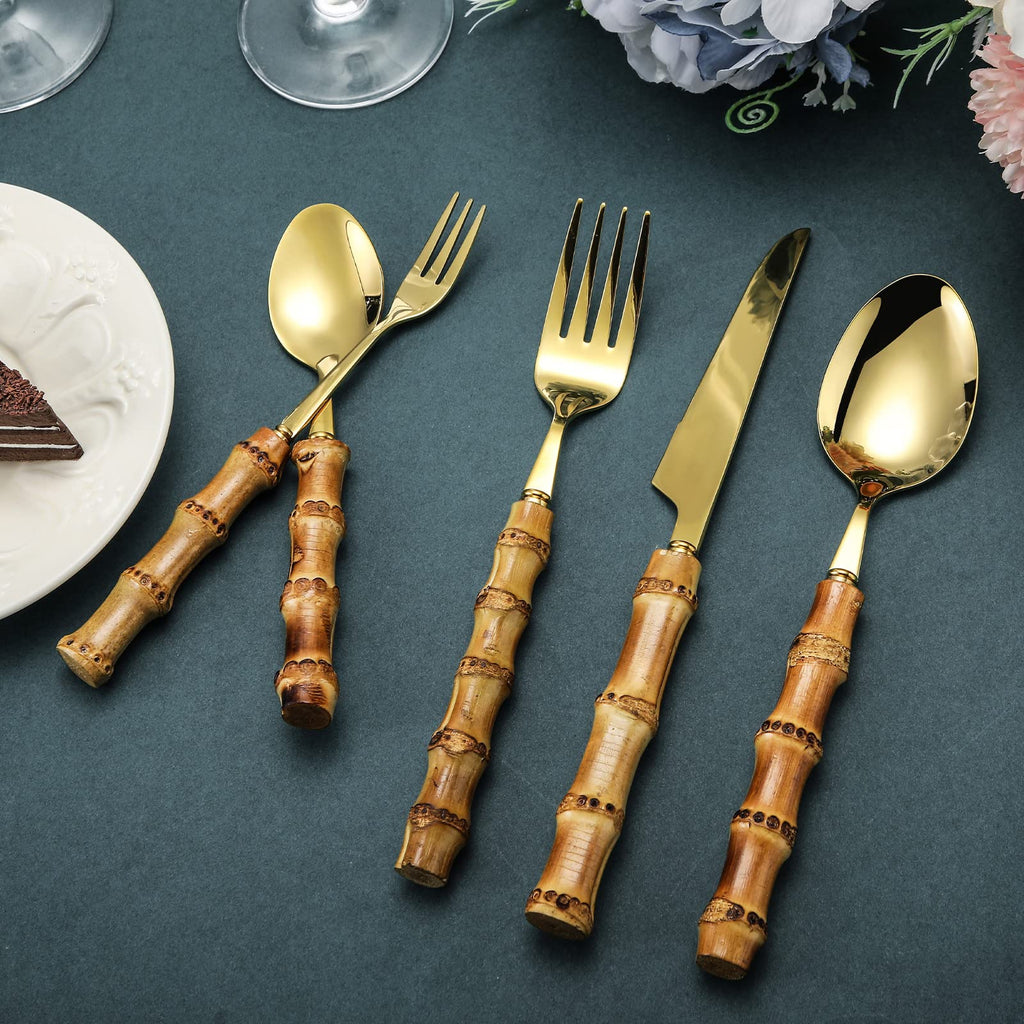 30 Pcs Bamboo Silverware Set 18/8 Stainless Steel Flatware Set