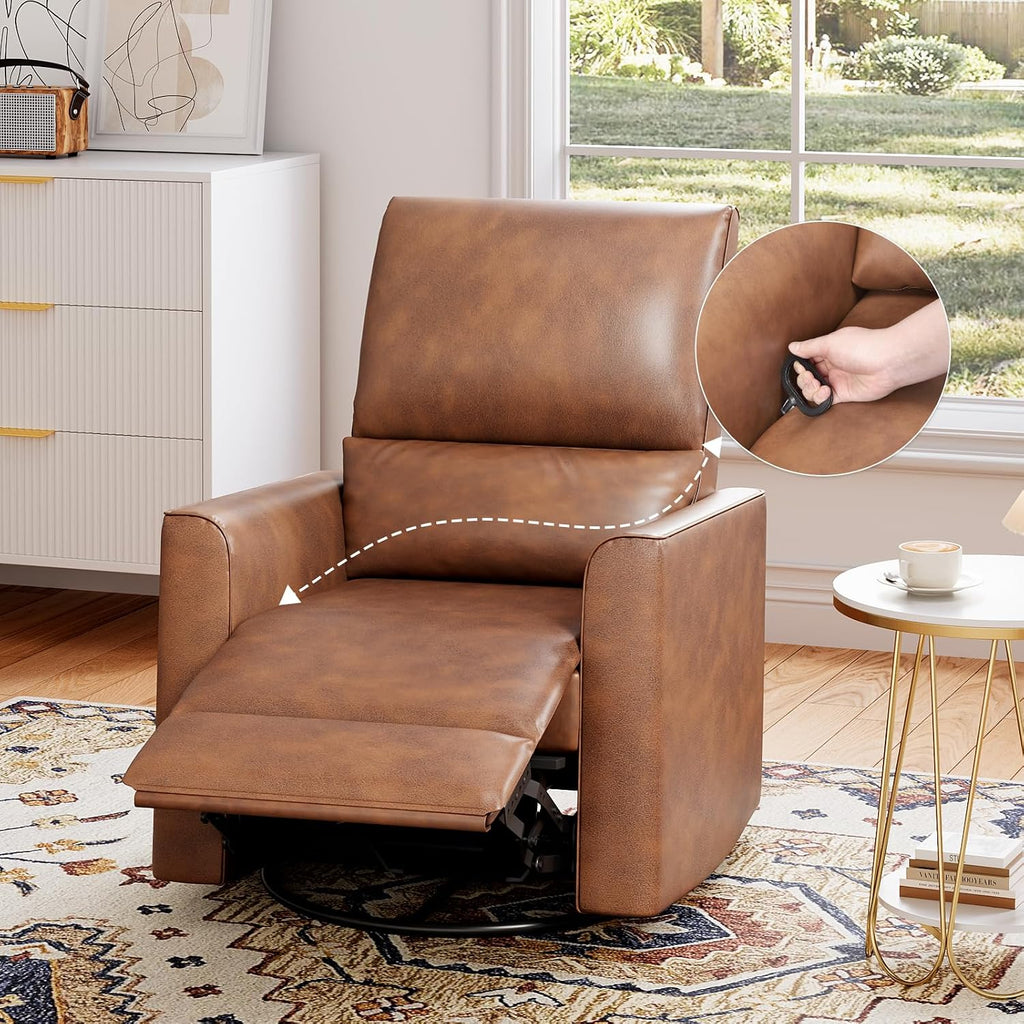 Swivel Rocking Recliner Chair, Manual Leather Recliner Glider with | Lumbar Support & Padded Armrest, Comfortable
