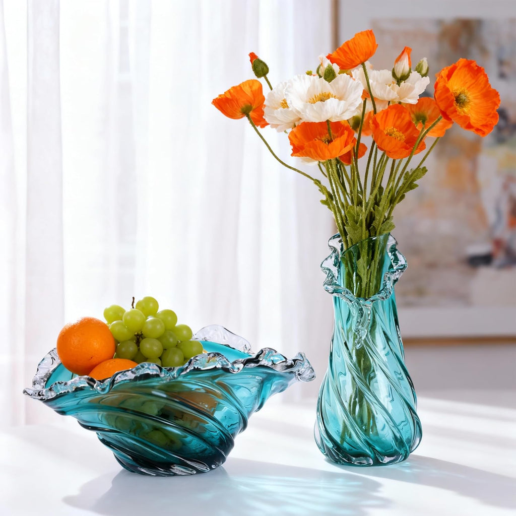 Hand Blown Blue Large Glass Vase Set - Artistic Clear Blue Vase for Coastal & Modern Home Decor, Ocean Wave Vase