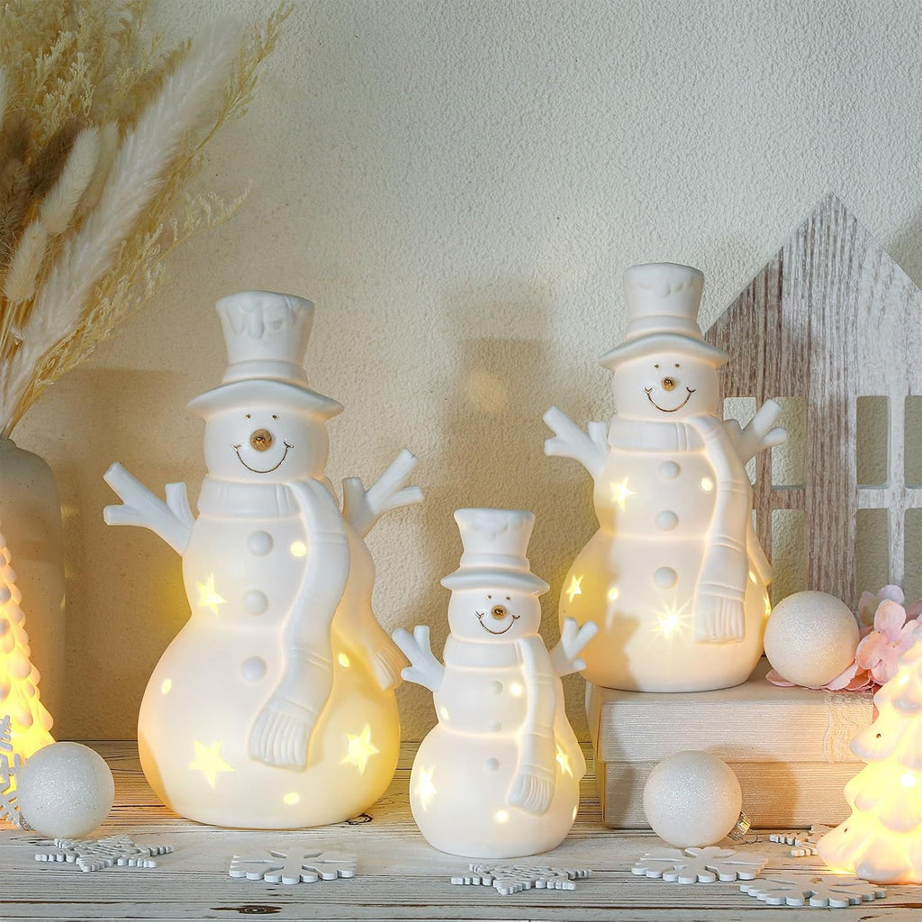 3 Pcs Light up White Ceramic Snowman Decor LED Lighted Porcelain Snowman Figurines Tabletop Battery Operated