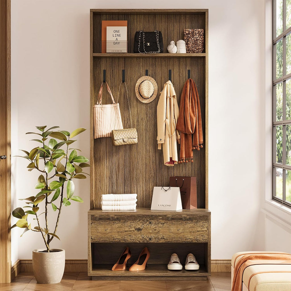 Hall Tree with Bench and Shoe Storage, Entryway Coat Rack with Shoe Bench and Drawer, 5 Hooks, Freestanding Hall Tree