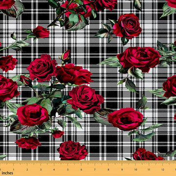 Romantic Rose Decorative Fabric by The Yard Red Flower Plant Rustic Indoor Soft Polyester Fabric Black and White