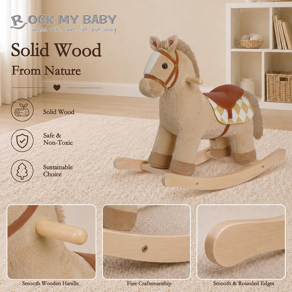 My Baby Rocking Horse for Toddlers 18M+, Light Brown Plush Ride-On Horse Toy with Realistic Galloping Sounds