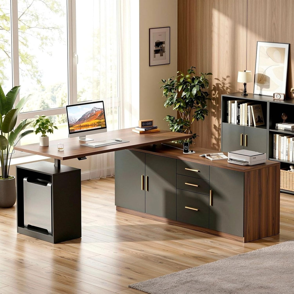 59" L Shaped Electric Standing Desk with Storage & Drawers | Adjustable Height Executive Standing Desk, One-Piece