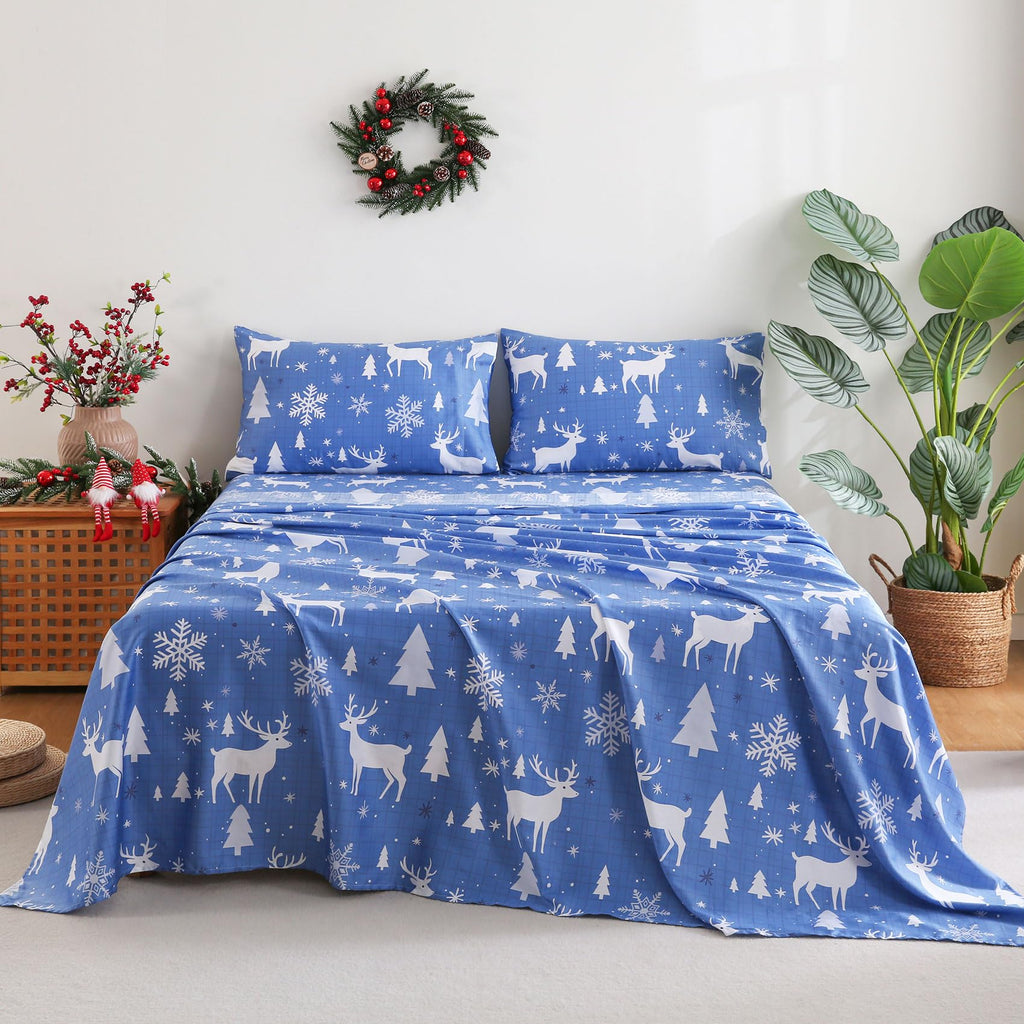 Blue Buffalo Plaid Deer Printed Cotton Sheet Set Deep Pocket
