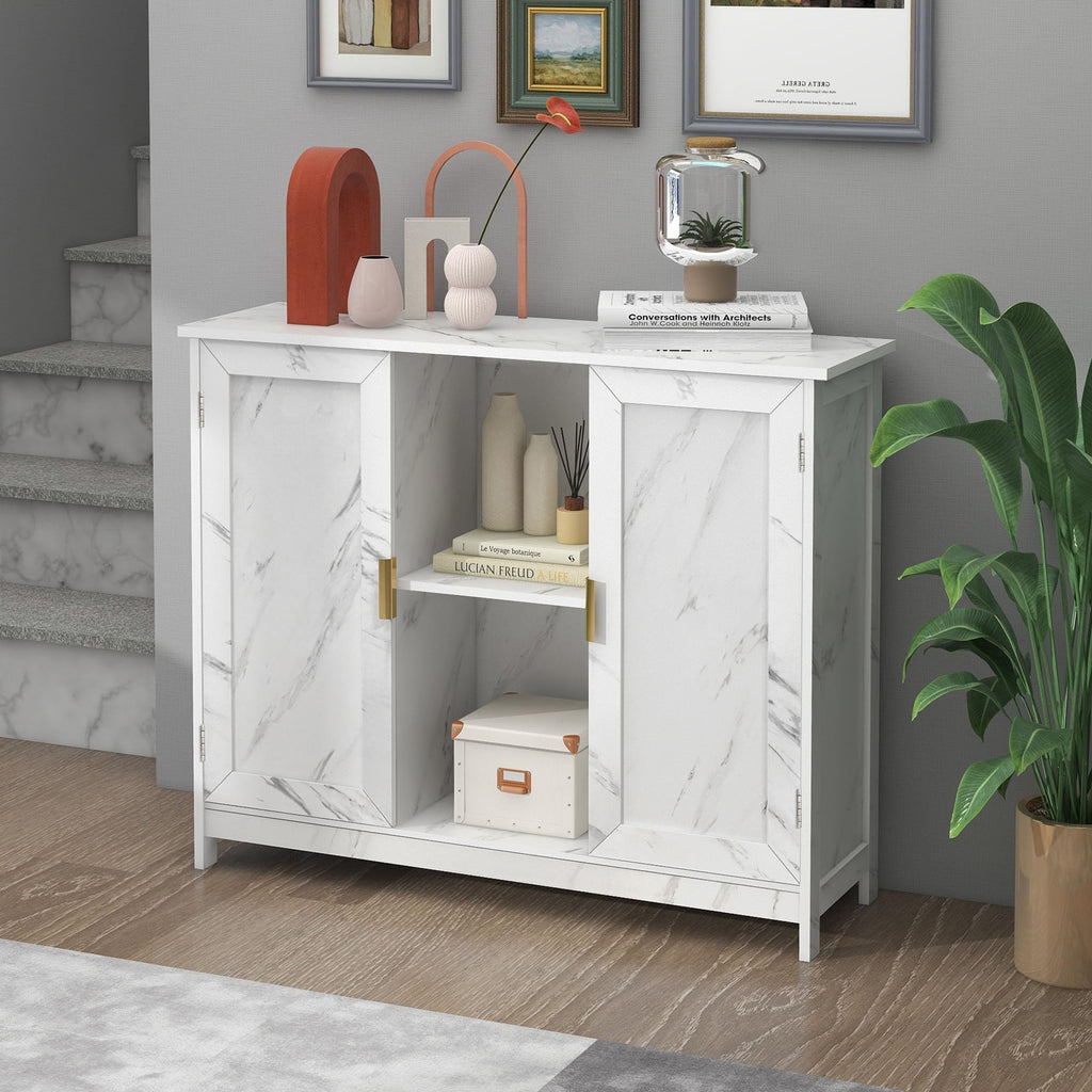 Marble Top Narrow Sideboard Cabinet, White Marble Side Buffet Cabinet