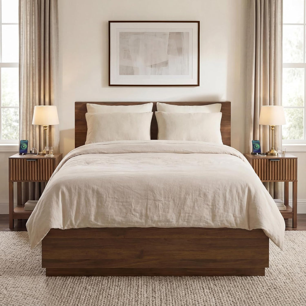 Night Stand Set 2, Fluted Nightstand with Charging Station, Wood Bedside Table with Drawer & Storage Shelf, Modern