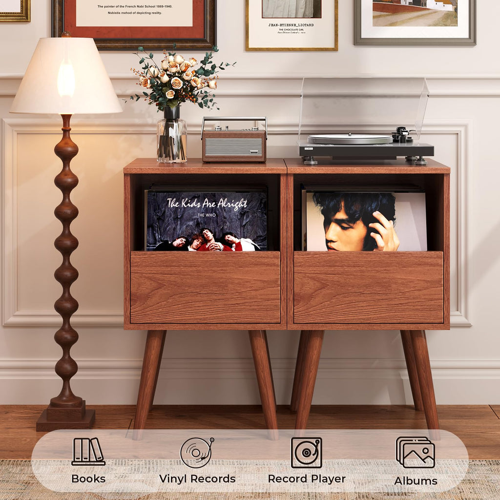 Mid Century Modern Record Player Stand with Vinyl Storage, Brown
