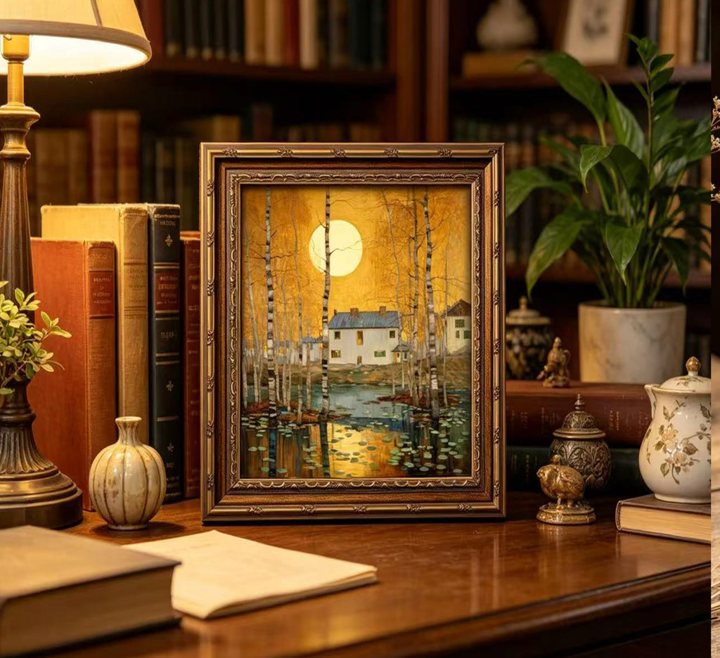 Vintage Gold Framed Minimalist Moon Canvas Wall Art, Retro Celestial Neutral Tone Textured Poster Artwork, Warm Tone